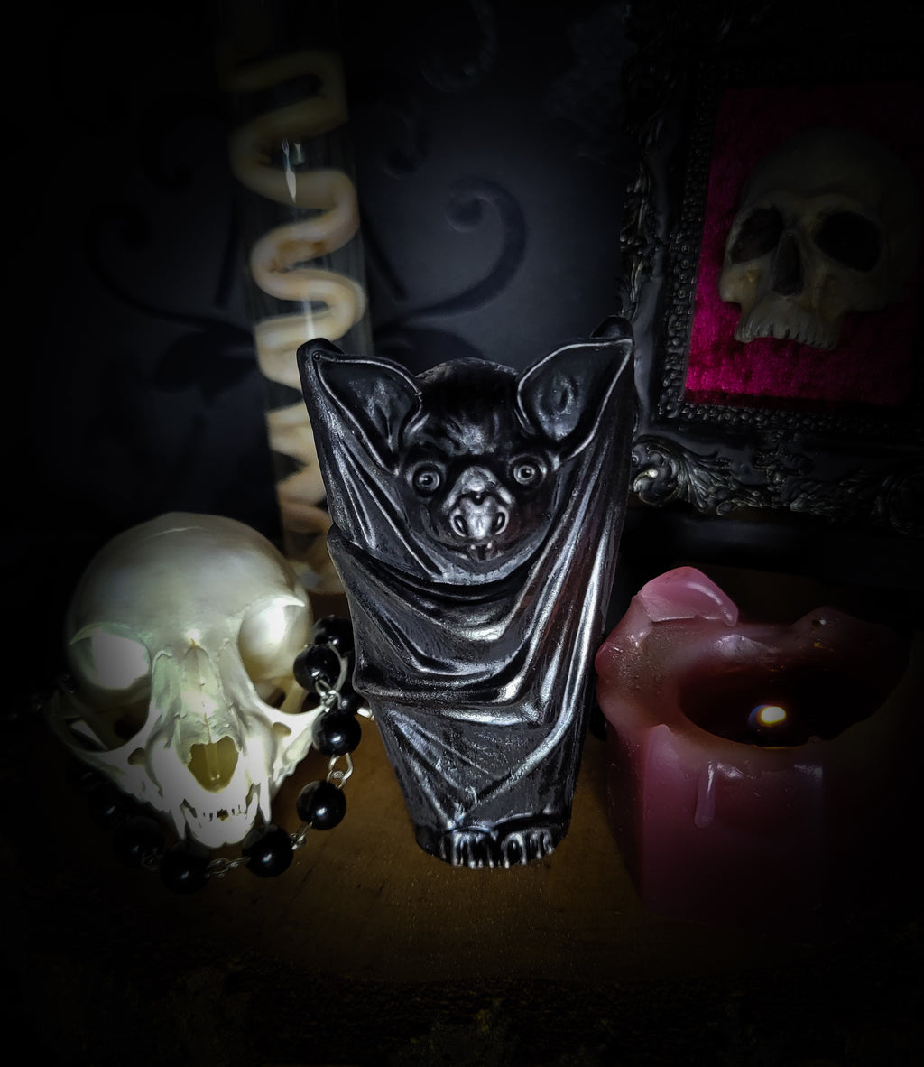 Nocturna Custodia — handmade gothic bat sculpture, dark metallic finish, nocturnal altar decor, made to order, Morbid Oddities
