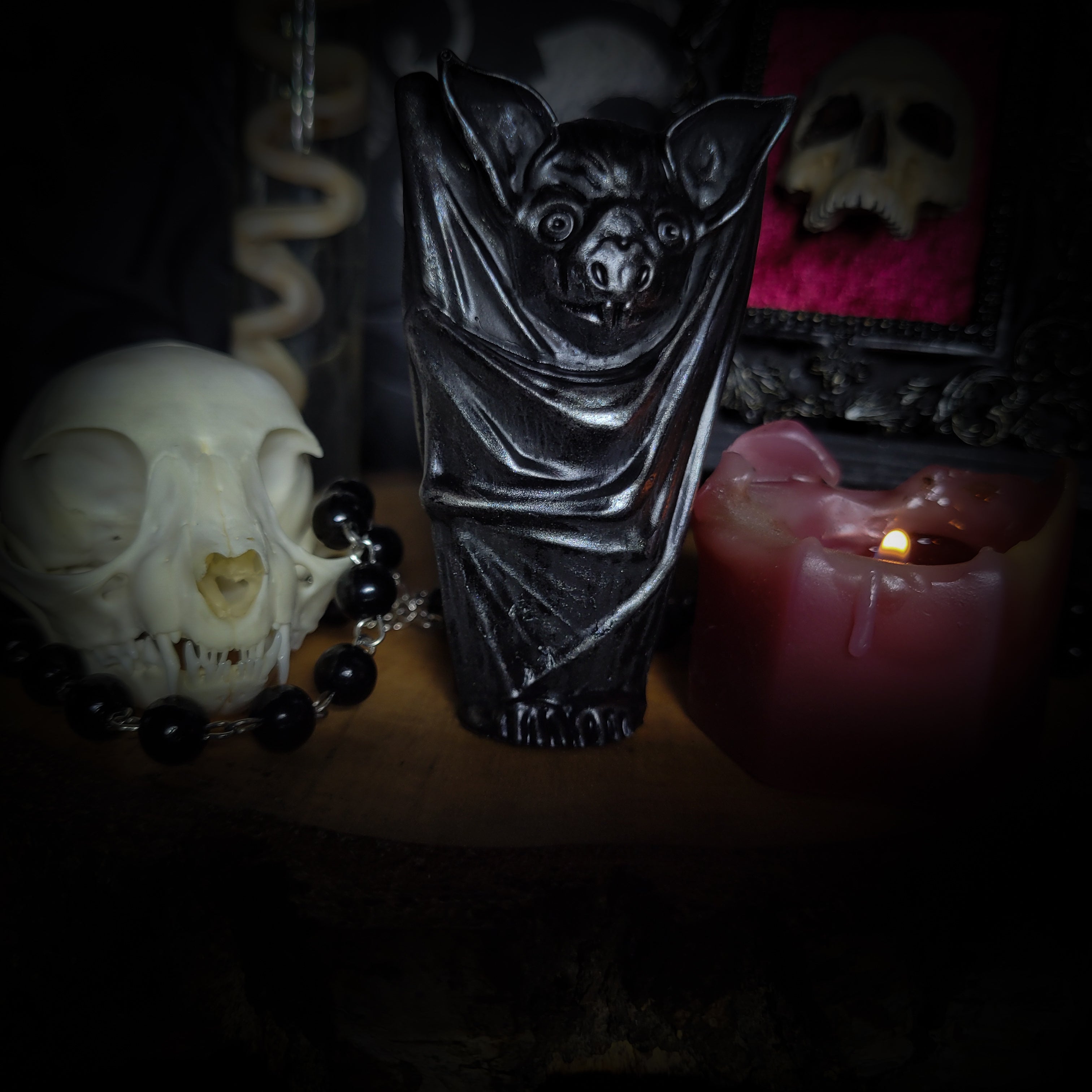 Nocturna Custodia — handmade gothic bat sculpture, dark metallic finish, nocturnal altar decor, made to order, Morbid Oddities
