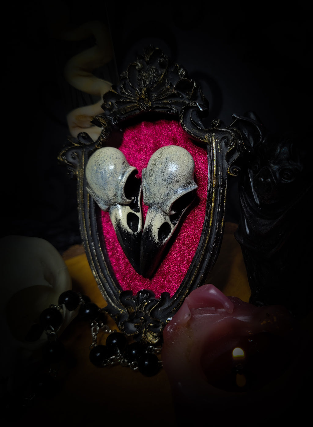 Cor Duo — handmade gothic crow skull shadowbox, heart-shaped composition, baroque frame, velvet background, dark altar decor, made to order, Morbid Oddities
