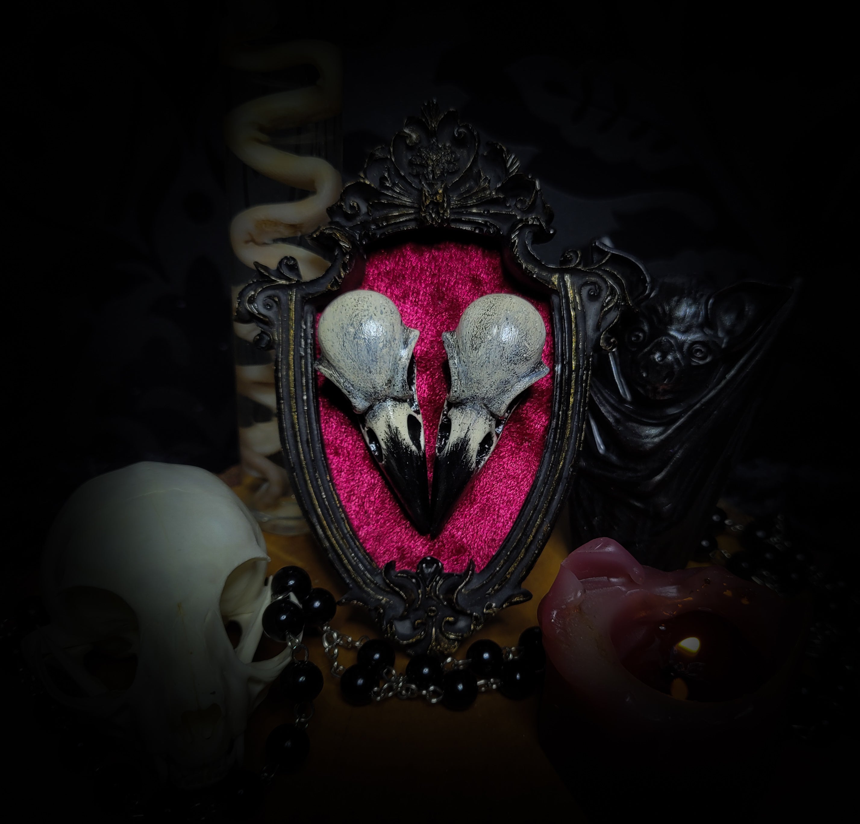 Cor Duo — handmade gothic crow skull shadowbox, heart-shaped composition, baroque frame, velvet background, dark altar decor, made to order, Morbid Oddities
