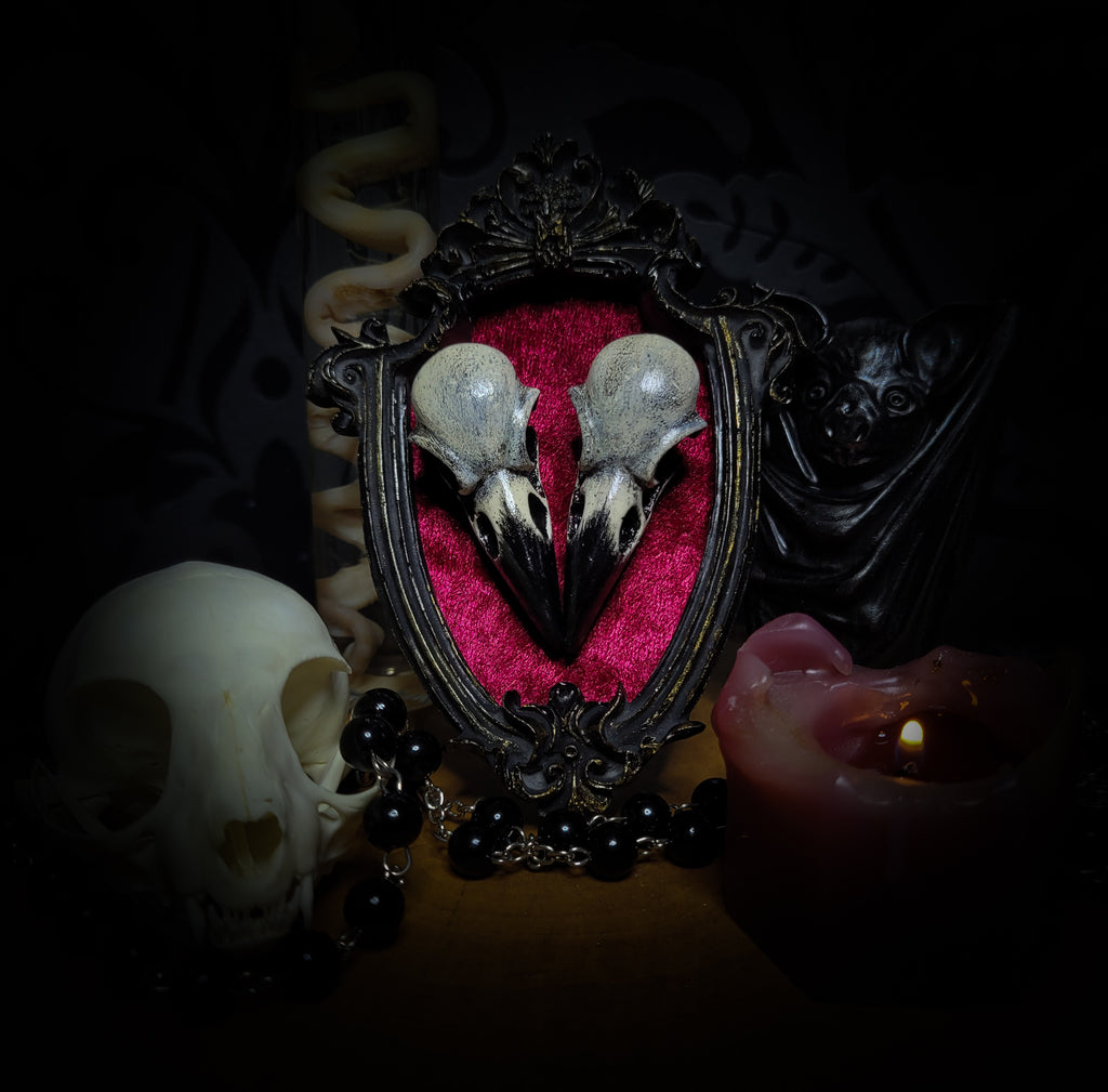 Cor Duo — handmade gothic crow skull shadowbox, heart-shaped composition, baroque frame, velvet background, dark altar decor, made to order, Morbid Oddities
