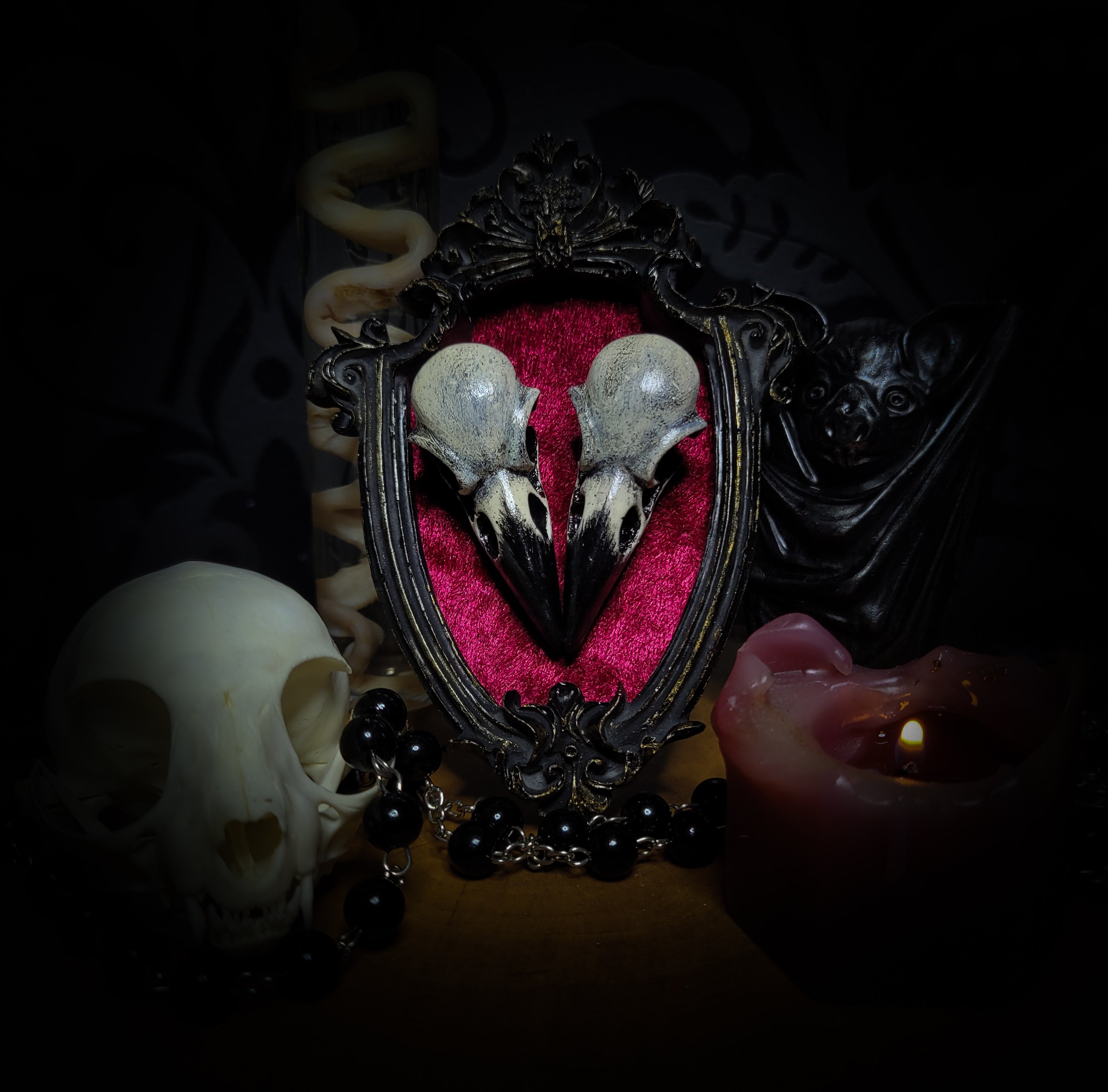 Cor Duo — handmade gothic crow skull shadowbox, heart-shaped composition, baroque frame, velvet background, dark altar decor, made to order, Morbid Oddities
