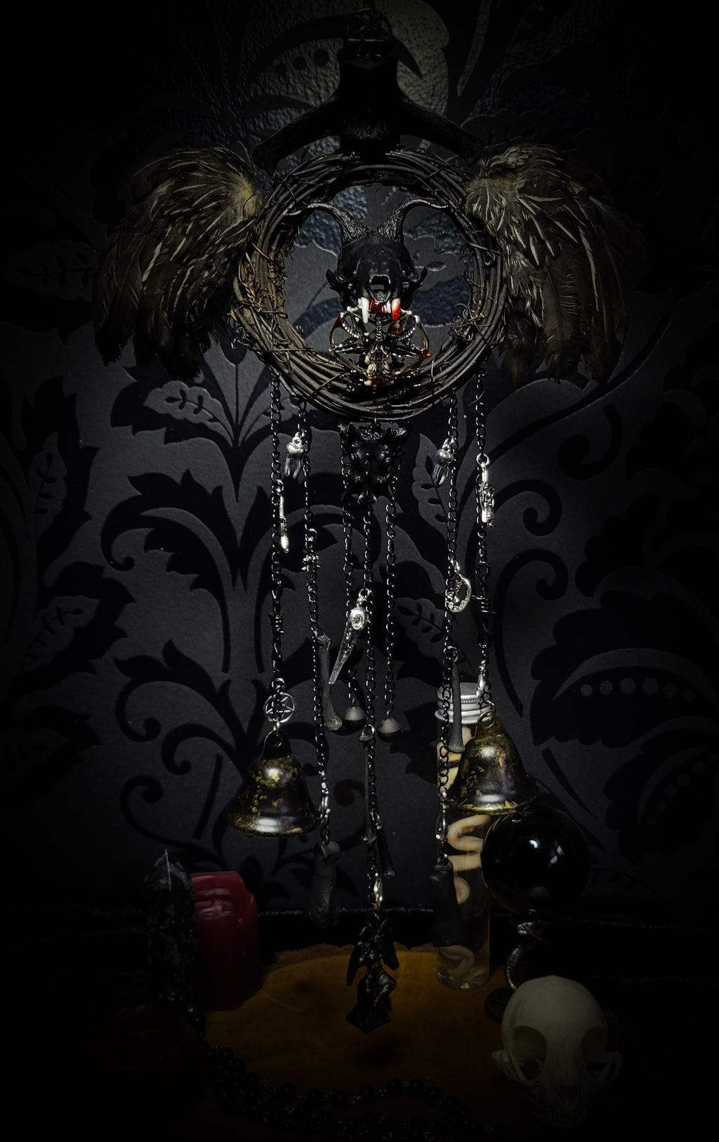 Witch Bell — handmade protective witch bells, made to order. Unique ritual charm with metal bells, bones and symbolic elements, designed for doorways, altars and ritual spaces. Handcrafted occult decor by Morbid Oddities