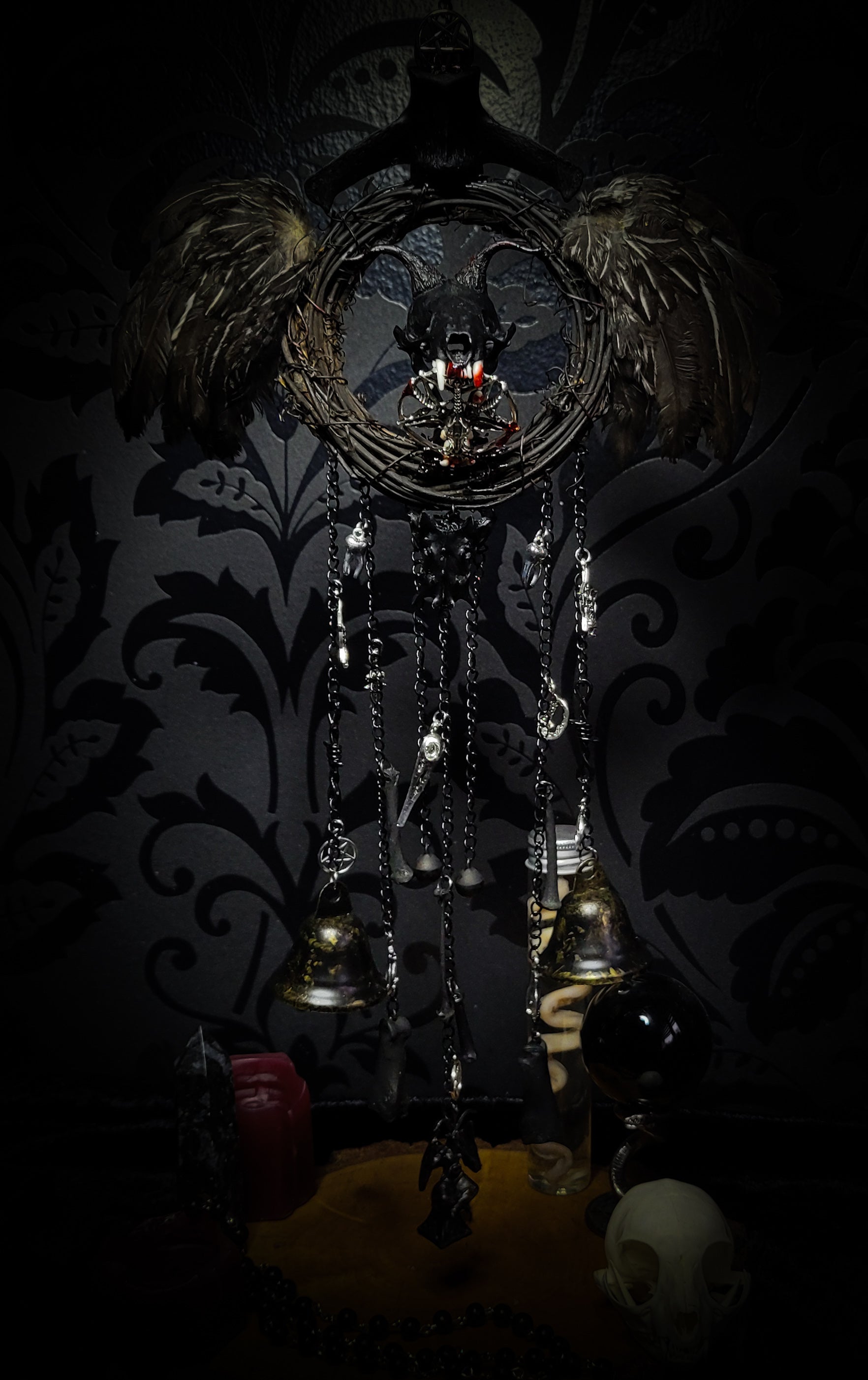 Witch Bell — handmade protective witch bells, made to order. Unique ritual charm with metal bells, bones and symbolic elements, designed for doorways, altars and ritual spaces. Handcrafted occult decor by Morbid Oddities