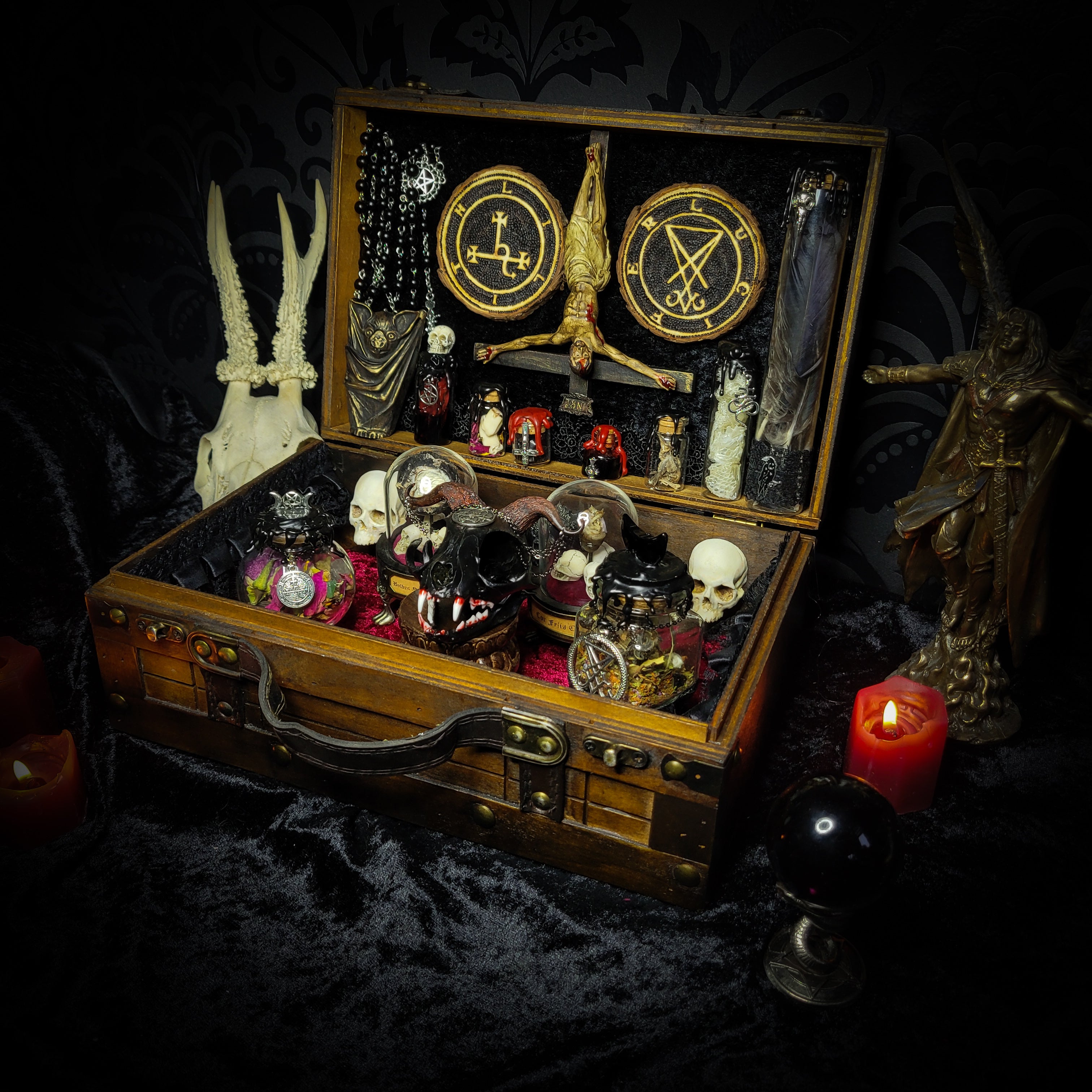 Occult Ritual casket — handmade gothic ritual casket, made to order. Fully custom devotional box with skulls, bones, crystals, sigils and symbolic elements, designed as a ceremonial altar object. Dark occult commission by Morbid Oddities.