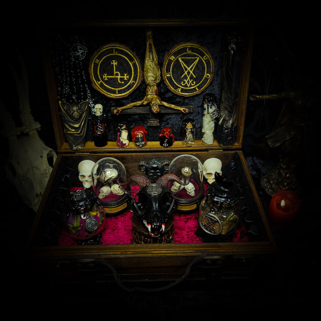 Occult Ritual casket — handmade gothic ritual casket, made to order. Fully custom devotional box with skulls, bones, crystals, sigils and symbolic elements, designed as a ceremonial altar object. Dark occult commission by Morbid Oddities.