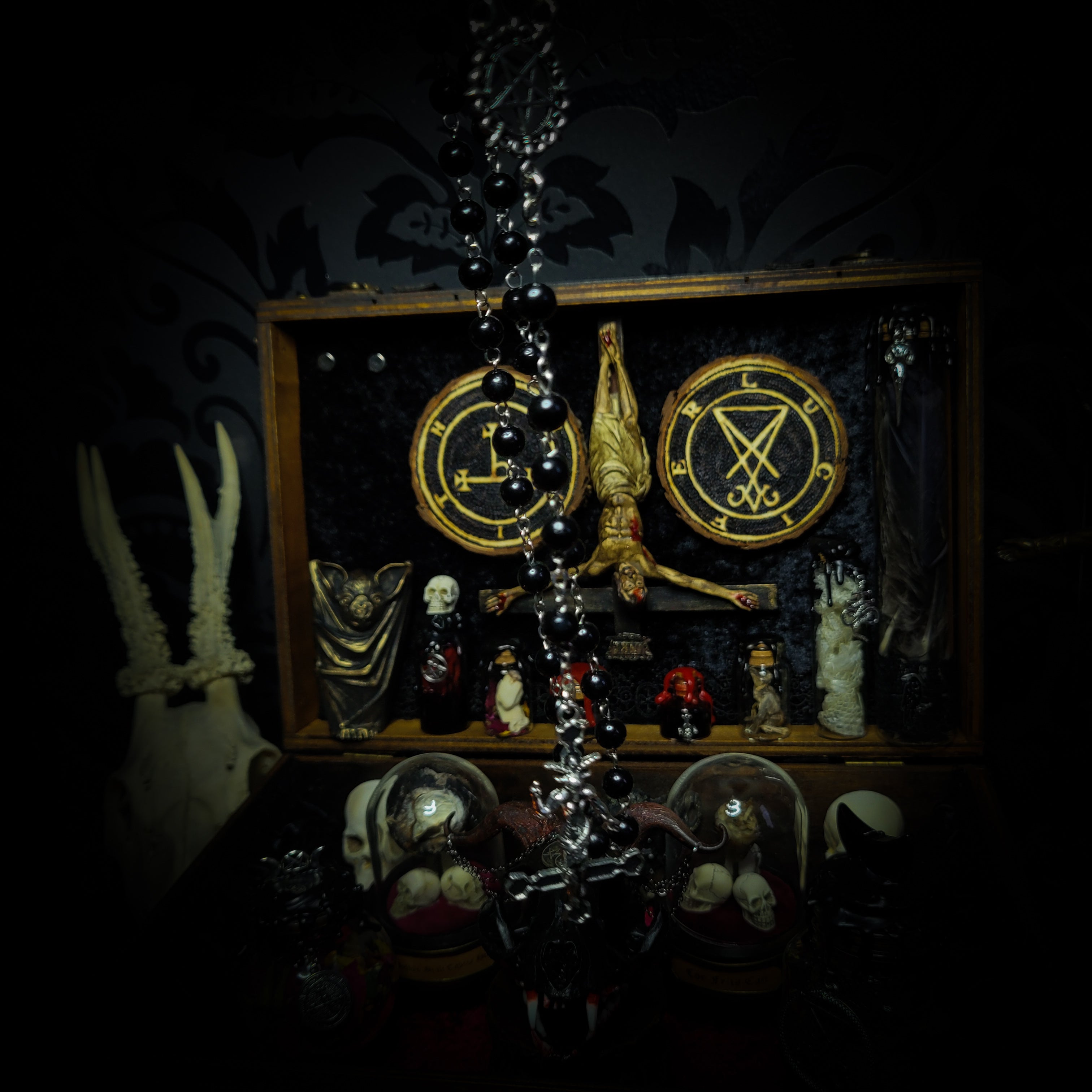 Occult Ritual casket — handmade gothic ritual casket, made to order. Fully custom devotional box with skulls, bones, crystals, sigils and symbolic elements, designed as a ceremonial altar object. Dark occult commission by Morbid Oddities.