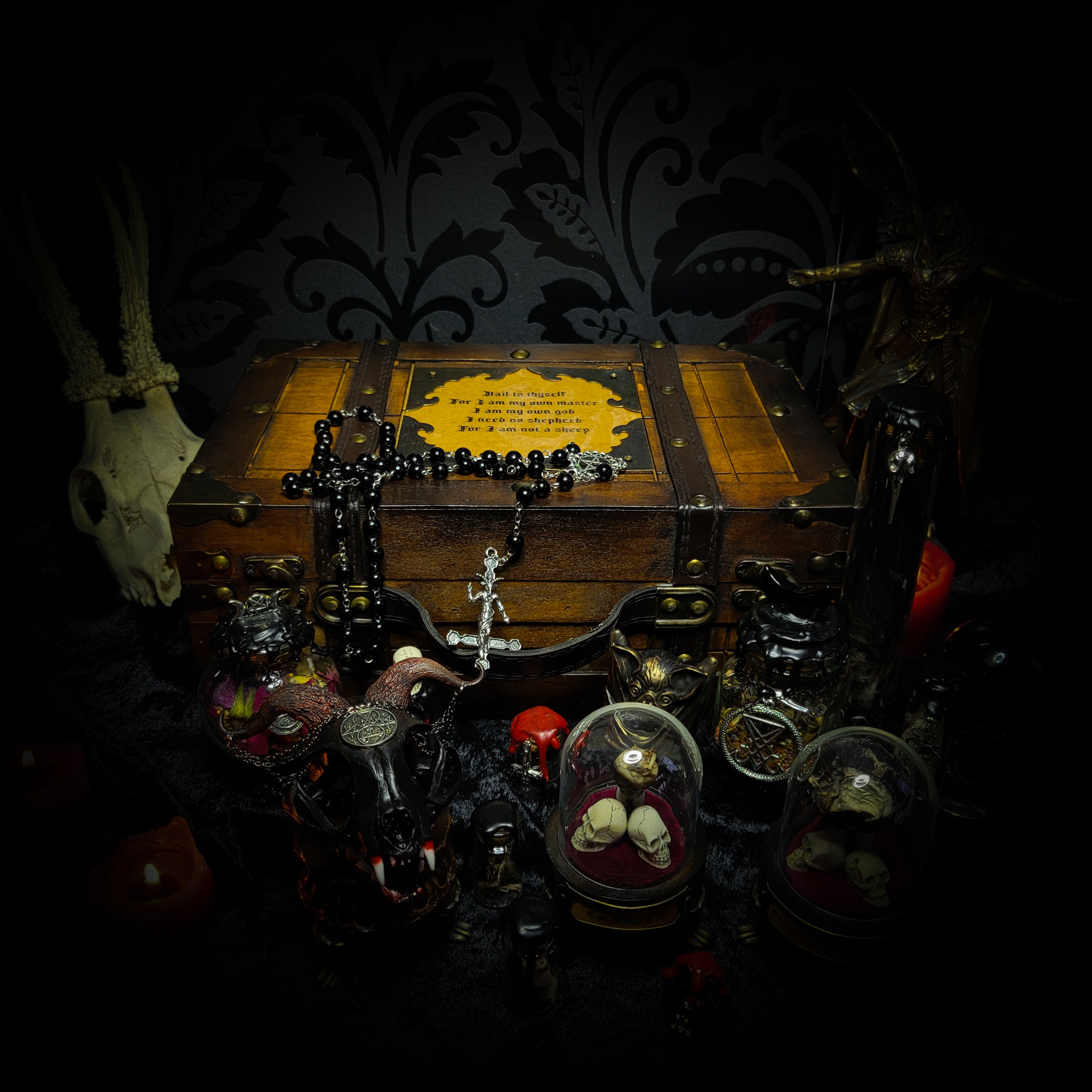 Occult Ritual casket — handmade gothic ritual casket, made to order. Fully custom devotional box with skulls, bones, crystals, sigils and symbolic elements, designed as a ceremonial altar object. Dark occult commission by Morbid Oddities.