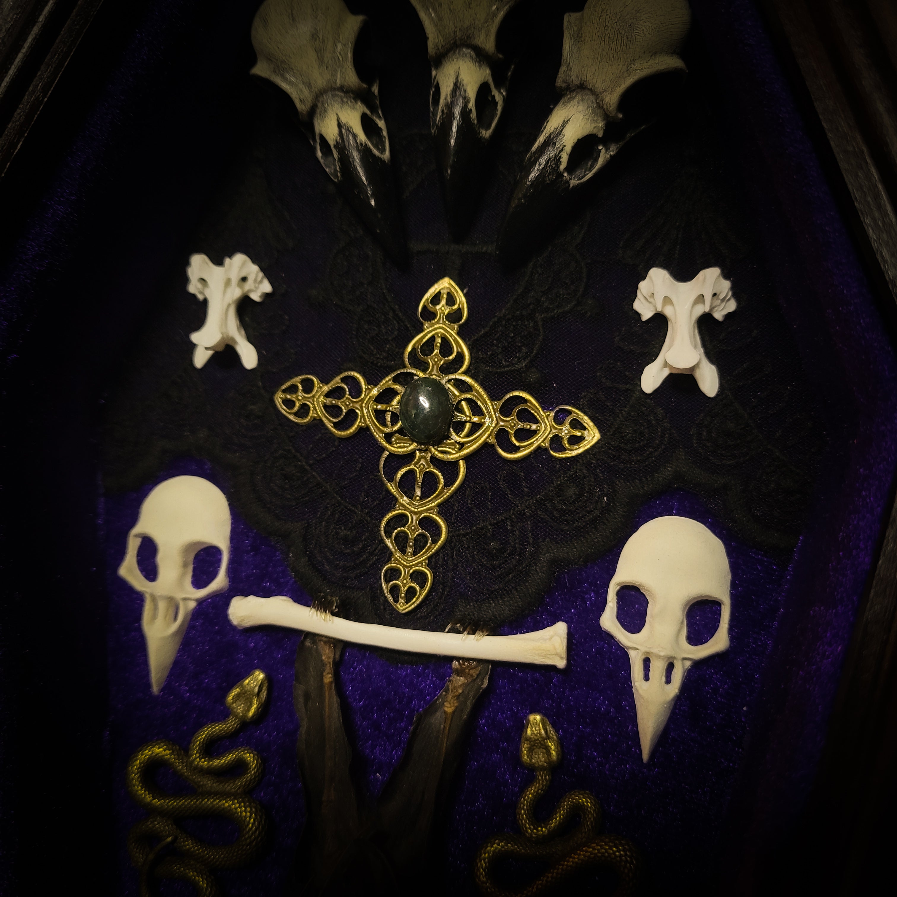 Bat Wooden Coffins — handmade gothic coffin shadowbox, made to order. Handbuilt wooden coffin frame with bat specimen, velvet background, ornate decorations and ritual details. Dark gothic wall and altar decor, made from scratch.