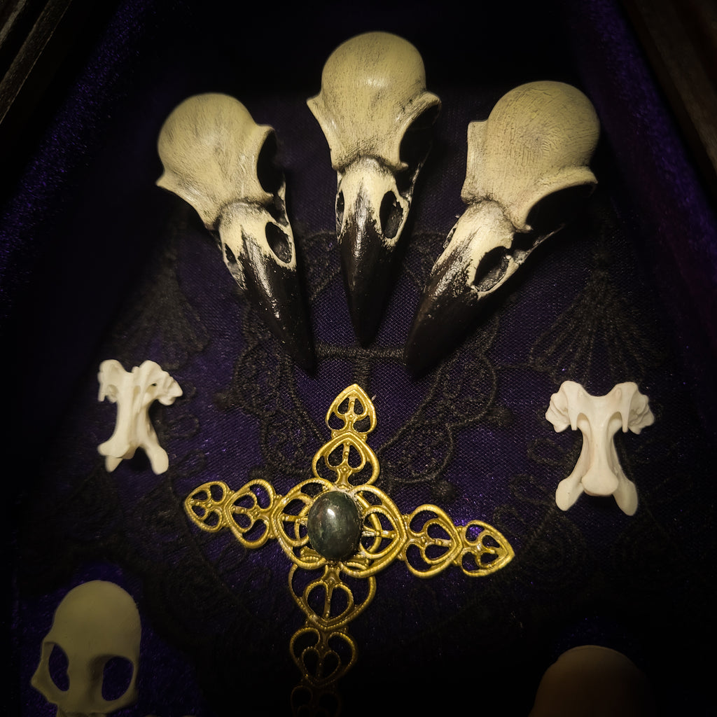 Bat Wooden Coffins — handmade gothic coffin shadowbox, made to order. Handbuilt wooden coffin frame with bat specimen, velvet background, ornate decorations and ritual details. Dark gothic wall and altar decor, made from scratch.