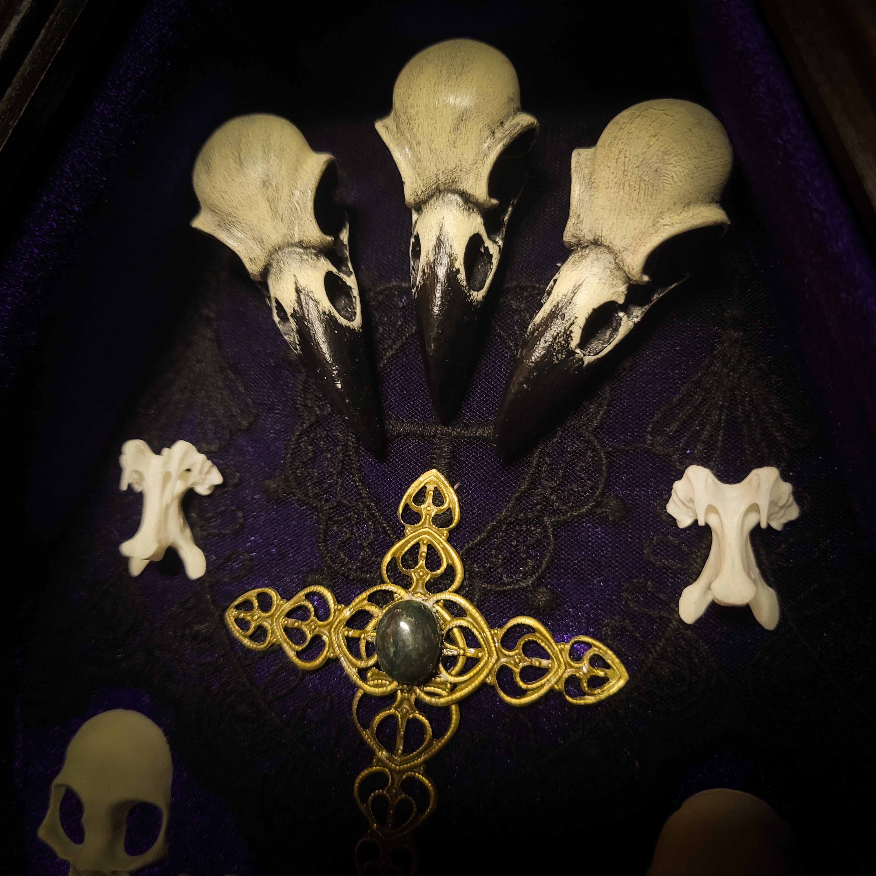 Bat Wooden Coffins — handmade gothic coffin shadowbox, made to order. Handbuilt wooden coffin frame with bat specimen, velvet background, ornate decorations and ritual details. Dark gothic wall and altar decor, made from scratch.