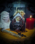 Ouija Planchette — handmade gothic planchette sculpture, made to order. Hand-cast bat and demonic face centerpiece in classic planchette shape, dark bloody finish with deep red accents. Occult altar decor, 8x9cm.