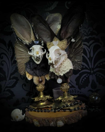 Silent Companion — handmade gothic art doll, made to order. One-of-a-kind puppet with real animal skull on antique decorative base, fully handmade original character. Dark collectible sculpture by Morbid Oddities.