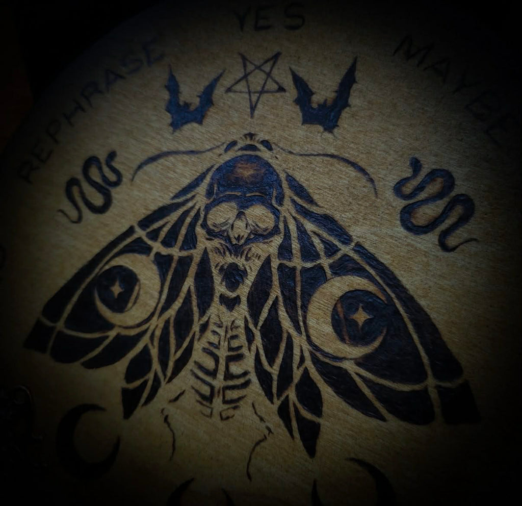 Handmade gothic pyrography pendulum board — moth sigil burned into natural wood, divination responses engraved, ritual tool, 16cm