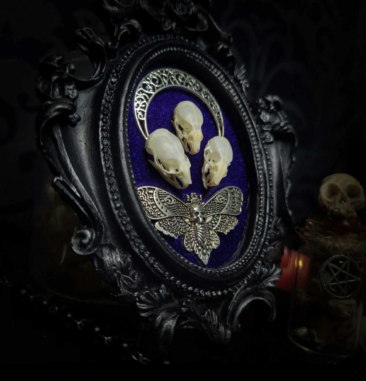 Mothica — handmade gothic shadowbox, made to order. Three real mouse skulls in ornate gothic frame on velvet background, with moth and moon ornament. Dark macabre wall decor, 13x10cm.