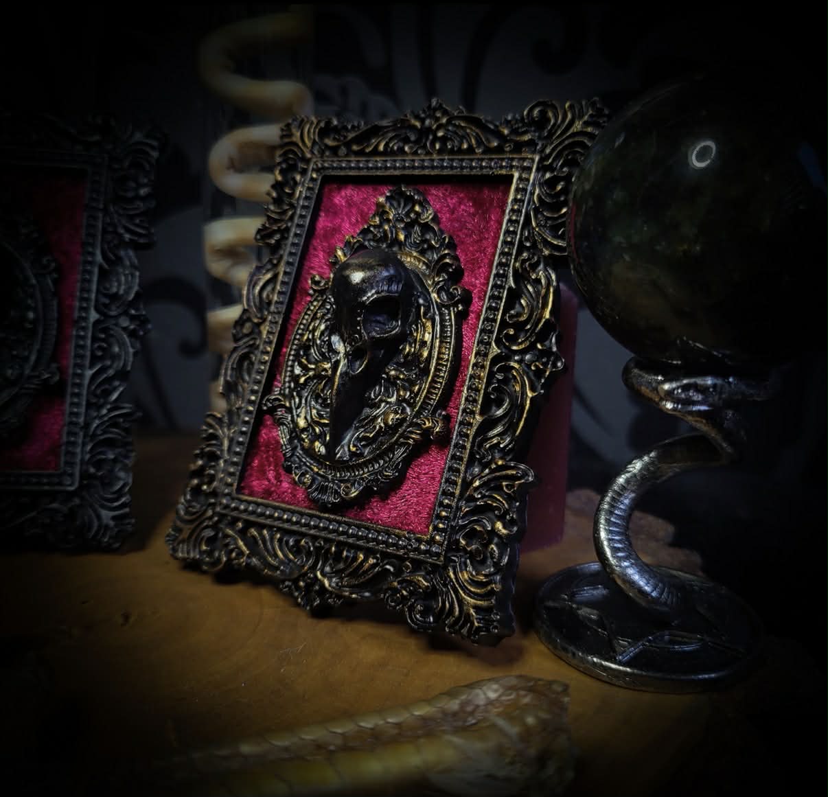 Corvusum Reliquary — handmade gothic shadowbox, made to order. Detailed handcrafted raven in ornate gothic frame on velvet background. Dark macabre wall and altar decor, 10x7.5cm.