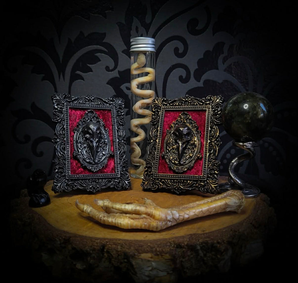 Corvusum Reliquary — handmade gothic shadowbox, made to order. Detailed handcrafted raven in ornate gothic frame on velvet background. Dark macabre wall and altar decor, 10x7.5cm.