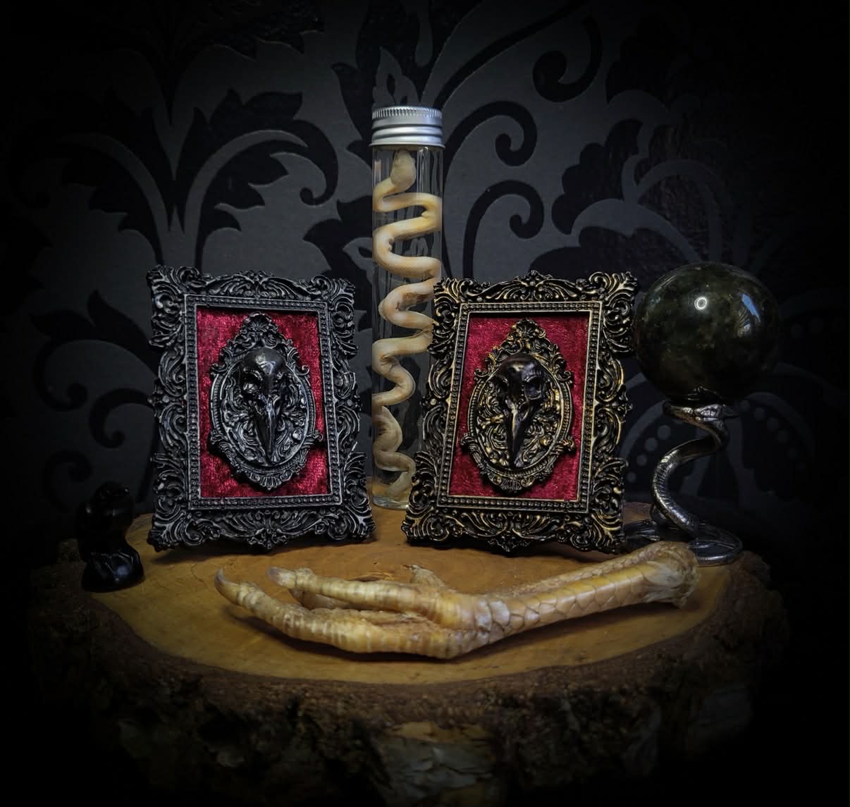 Corvusum Reliquary — handmade gothic shadowbox, made to order. Detailed handcrafted raven in ornate gothic frame on velvet background. Dark macabre wall and altar decor, 10x7.5cm.