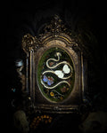 Handmade gothic shadowbox — real snake skeleton with preserved butterflies, moss and dried flowers, ornate baroque frame with aged gold finish, 22x30cm