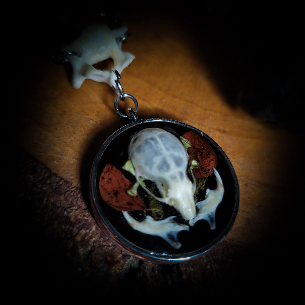 Handmade gothic necklace — real mouse skull in circular resin pendant, dried red petals, triple moon pentagram charm, garnet beads