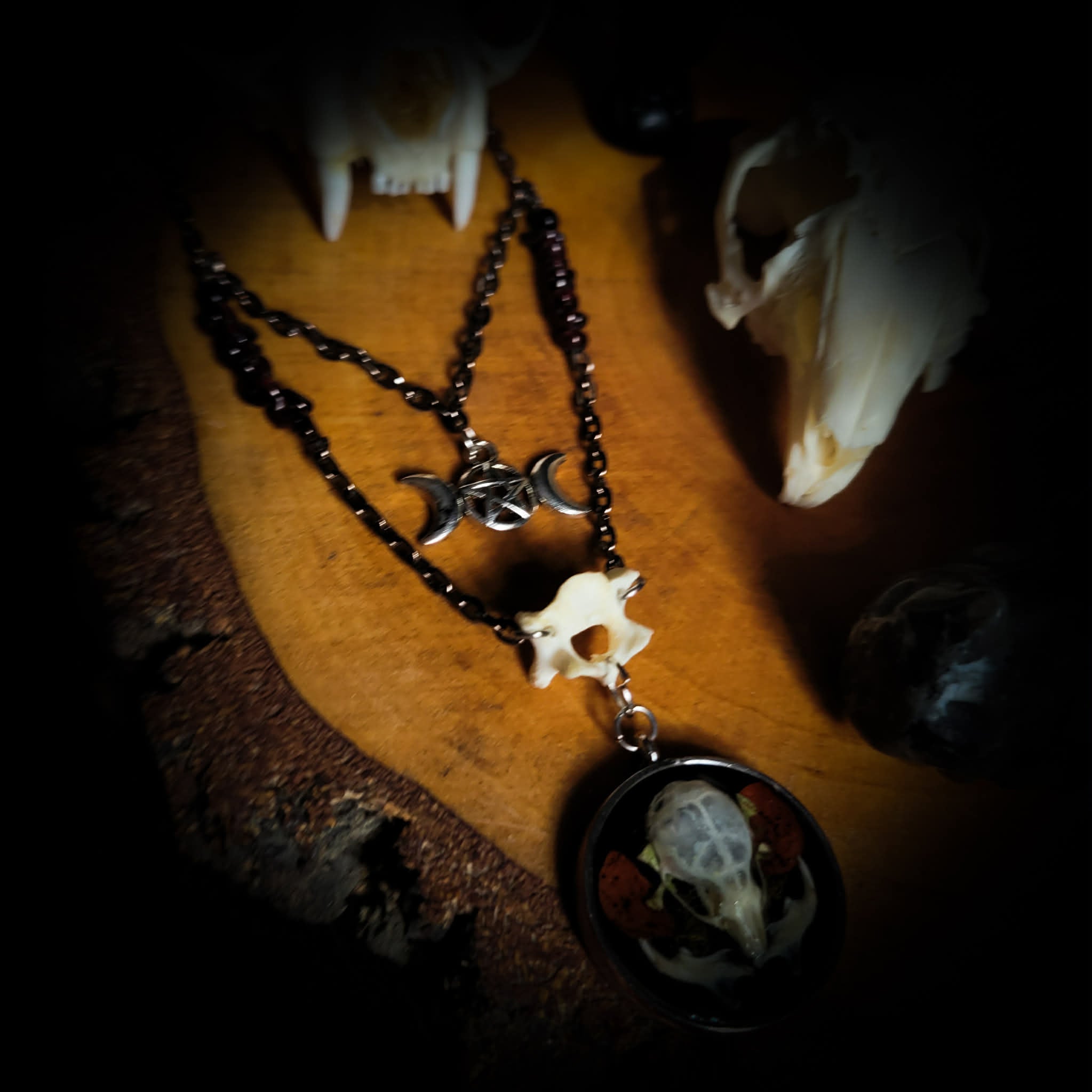 Handmade gothic necklace — real mouse skull in circular resin pendant, dried red petals, triple moon pentagram charm, garnet beads