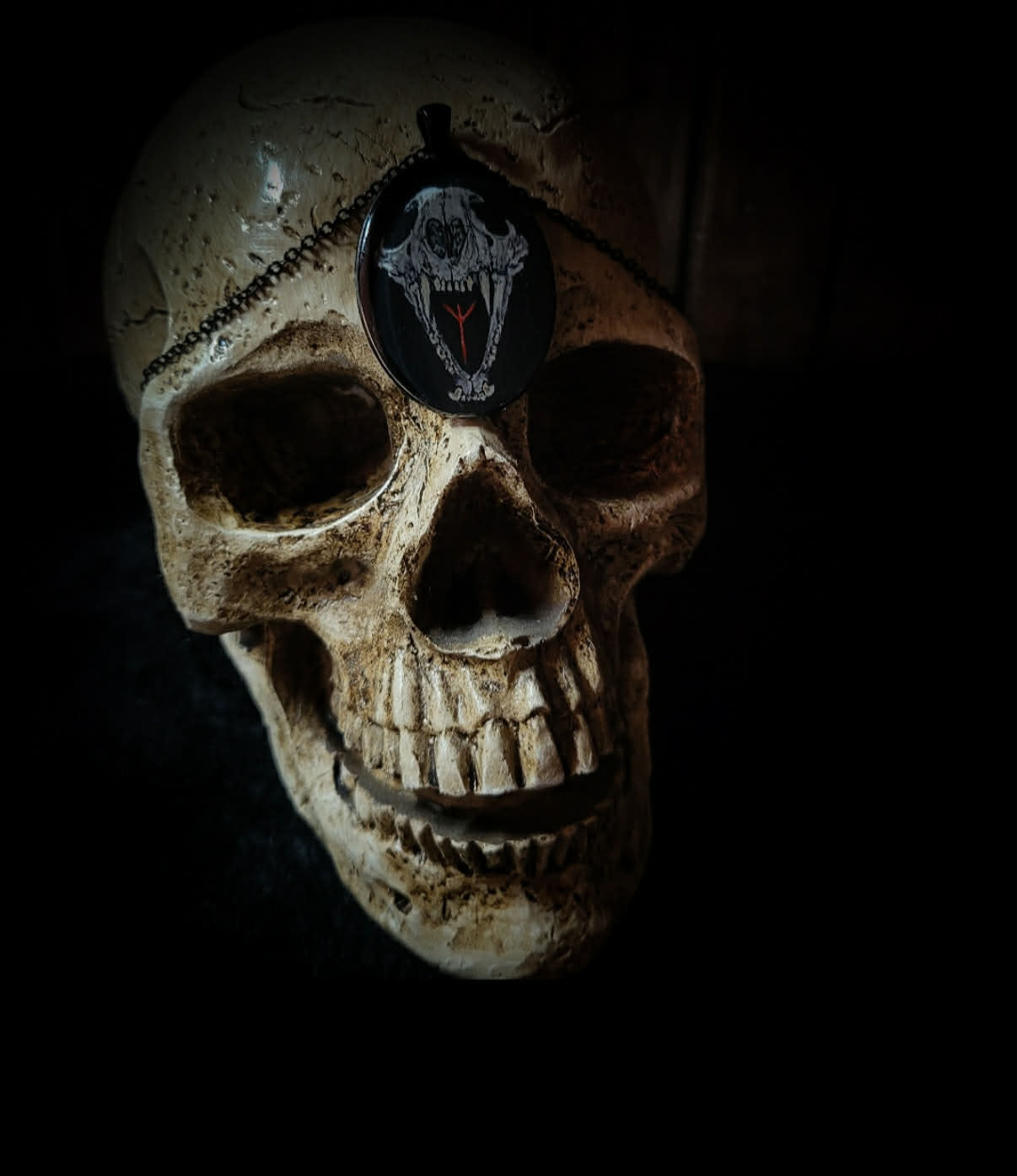 Handmade gothic necklace — hand-painted skull with Algiz rune, oval resin pendant with metal frame and chain
