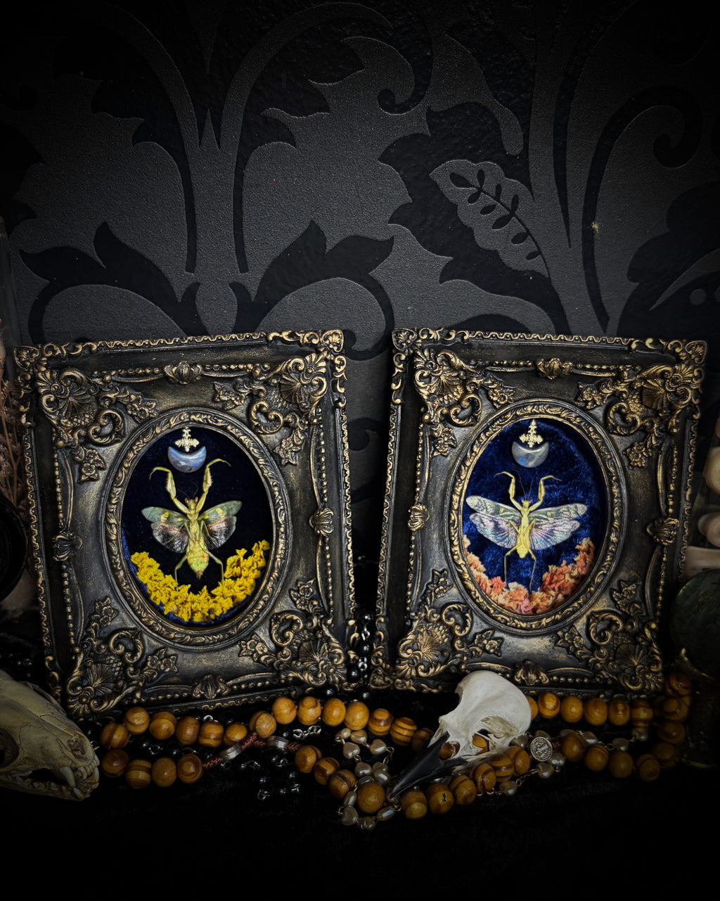 Mantis Twin Frames | Other Insects — handmade gothic wall decor with real preserved mantis pair, labradorite moons, preserved flowers in aged hand-painted vintage frames with metallic accents, 14.5x11.5cm each