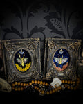 Mantis Twin Frames | Other Insects — handmade gothic wall decor with real preserved mantis pair, labradorite moons, preserved flowers in aged hand-painted vintage frames with metallic accents, 14.5x11.5cm each