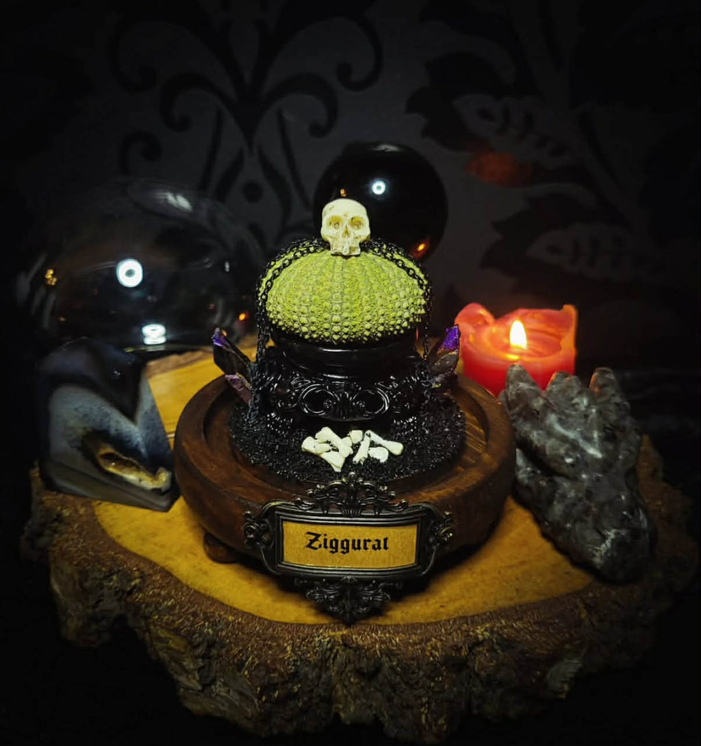 Siggurat | Occult — handmade gothic altar piece with ziggurat-inspired centerpiece, real bone elements, sea urchin skeleton, decorative crystals and chains under glass dome on hand-painted wooden base, 10x10cm