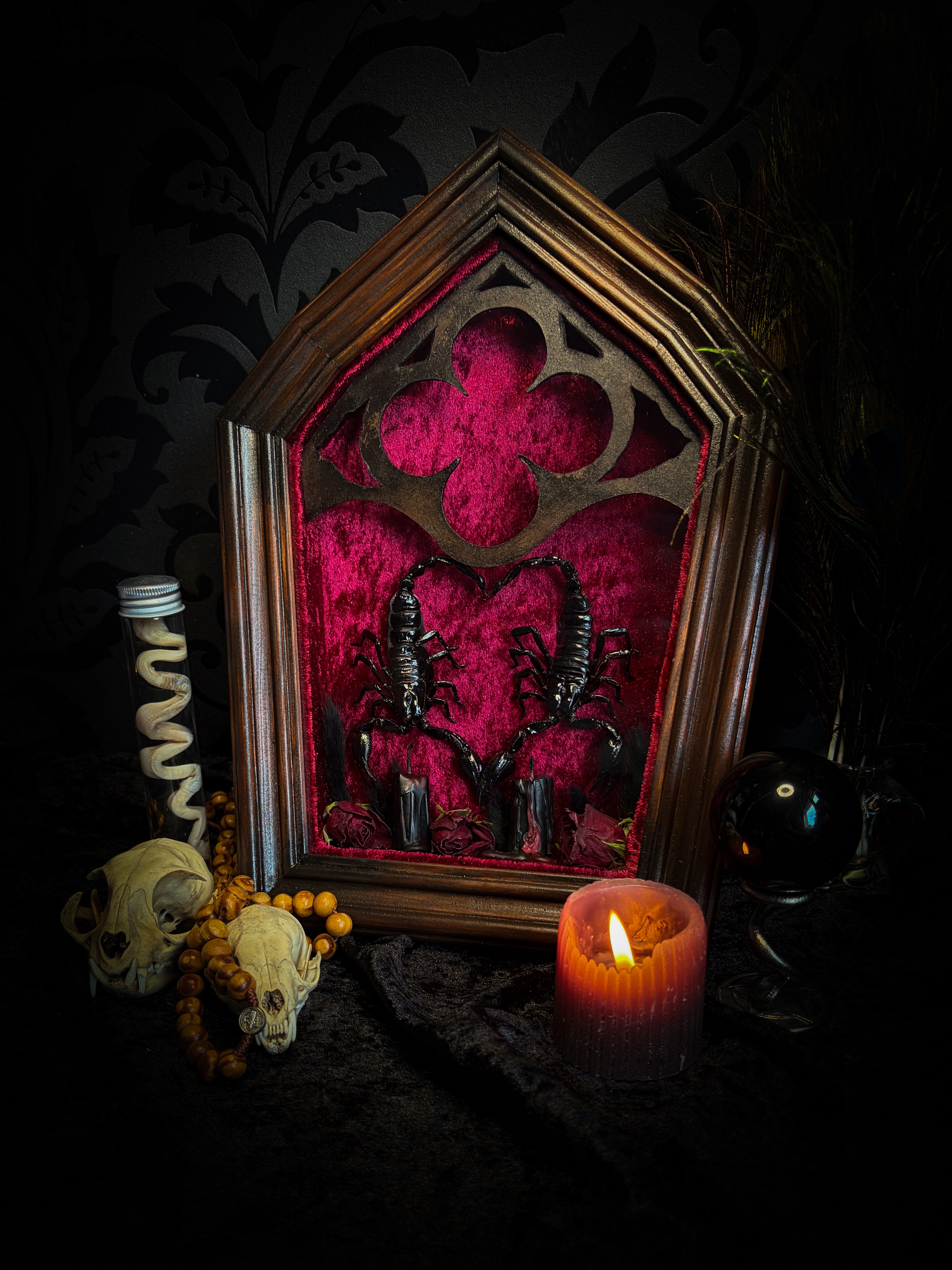 Veneficium gothic shadowbox — two preserved black scorpions arranged in a heart shape on deep crimson velvet, with hand-carved gothic tracery, preserved roses and vampire candles, in a hand-carved wooden frame with glass front. Morbid oddities.