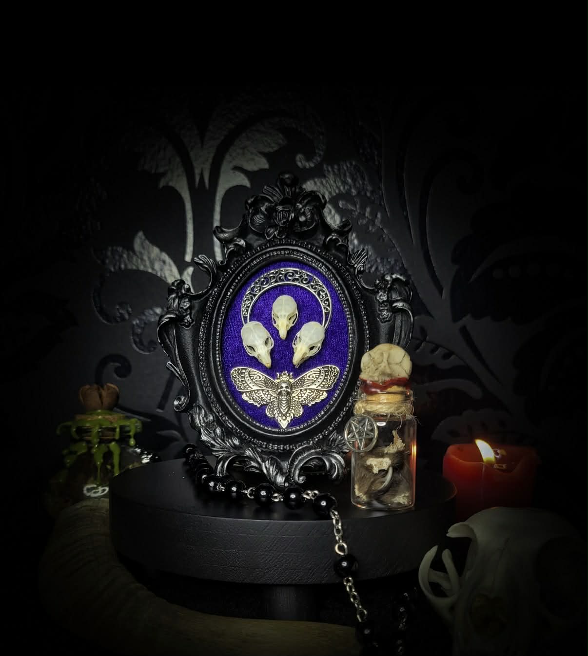 Mothica — handmade gothic shadowbox, made to order. Three real mouse skulls in ornate gothic frame on velvet background, with moth and moon ornament. Dark macabre wall decor, 13x10cm.