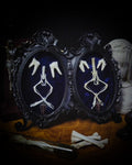 Handmade gothic twin frame with mirrored mouse skeletons on dark blue velvet, baroque double frame