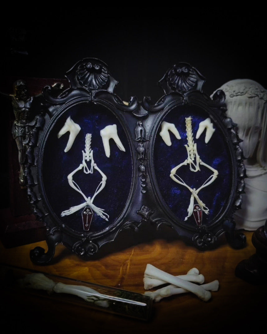 Handmade gothic twin frame with mirrored mouse skeletons on dark blue velvet, baroque double frame