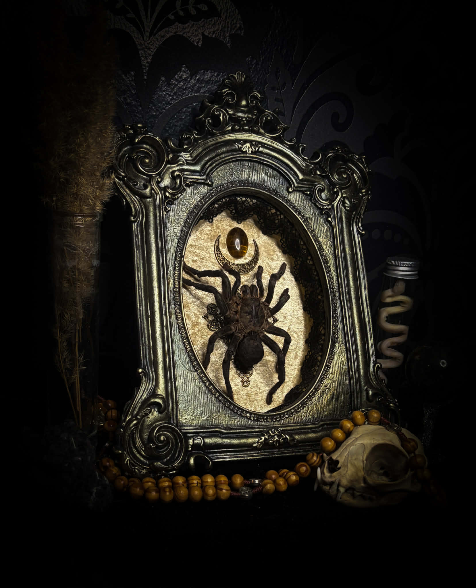 Sophistication — handmade gothic shadowbox, made to order. Real tarantula specimen on velvet background in ornate vintage-style frame with crystal accents and hand-finished metallic ornaments. Dark collectible wall decor, 22x30cm.