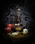 Decorative display with skulls, candles, and a crystal ball under a glass dome on a dark background. bat ccultia — handmade gothic glass dome display, made to order. Bat specimen under glass cloche on hand-painted wooden base with ritual sigil, miniature skulls and Latin species nameplate. Occult gothic decor, 21x12cm.