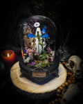 Arcana Prati Silvestris | handmade woodland glass dome with real rabbit skull, Calopteryx splendens dragonfly, snake skin, moss, lichen, dried flowers, dew-drop mushrooms and wooden base | Morbid Oddities
