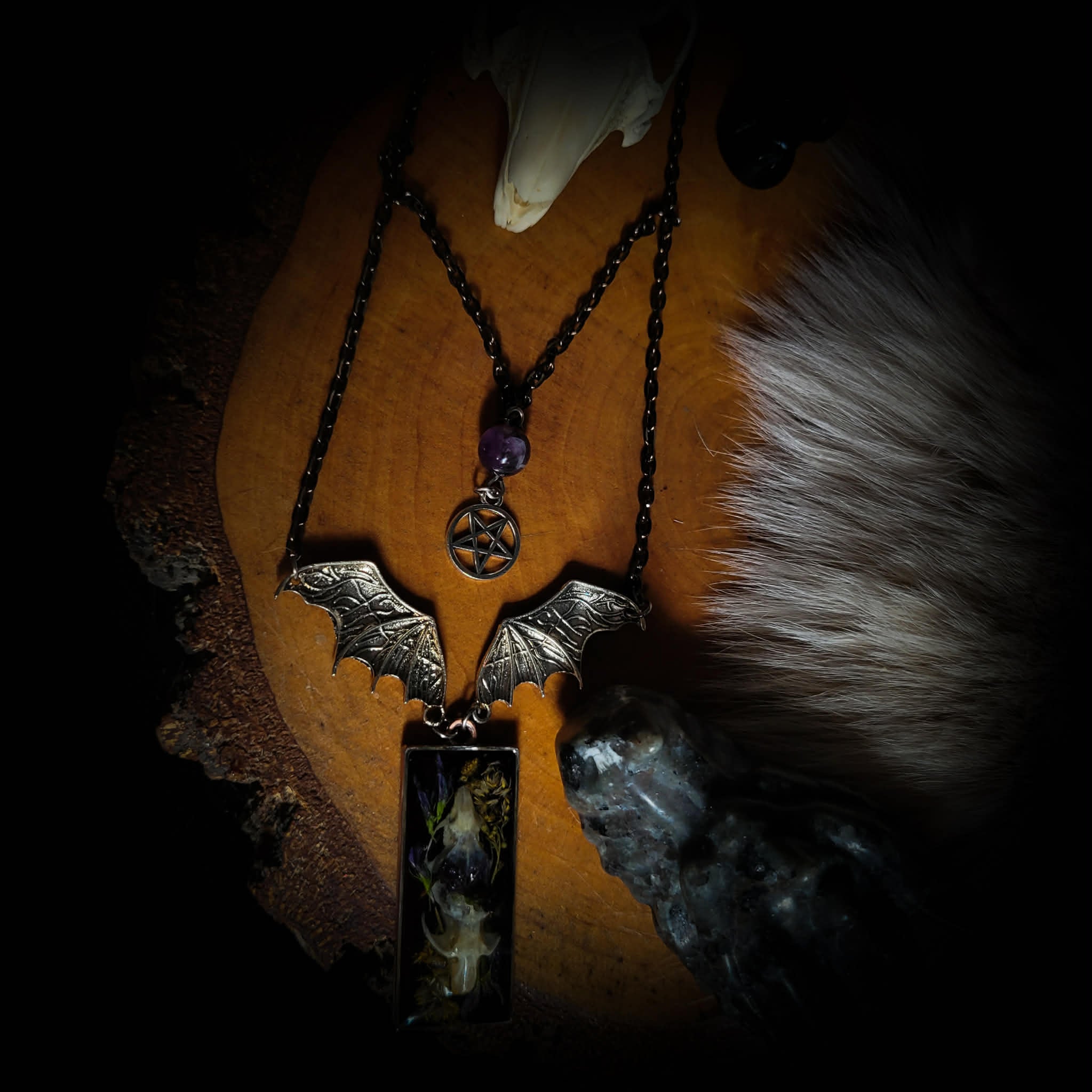 Handmade gothic necklace — real mouse skulls in resin pendant, dried flowers, bat connector, amethyst bead and pentagram charm