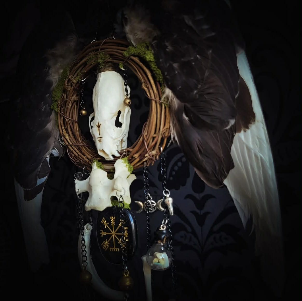 Witch Bell — handmade protective witch bells, made to order. Unique ritual charm with metal bells, bones and symbolic elements, designed for doorways, altars and ritual spaces. Handcrafted occult decor by Morbid Oddities
