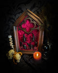 Veneficium gothic shadowbox — two preserved black scorpions arranged in a heart shape on deep crimson velvet, with hand-carved gothic tracery, preserved roses and vampire candles, in a hand-carved wooden frame with glass front. Morbid oddities.