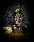 Silent Garden | Woodland — handmade gothic display with mummified baby bunny, rabbit skull, carved quartz moon, preserved roses, florals and crystals in glass coffin case on hand-finished base, 19x9.5cm