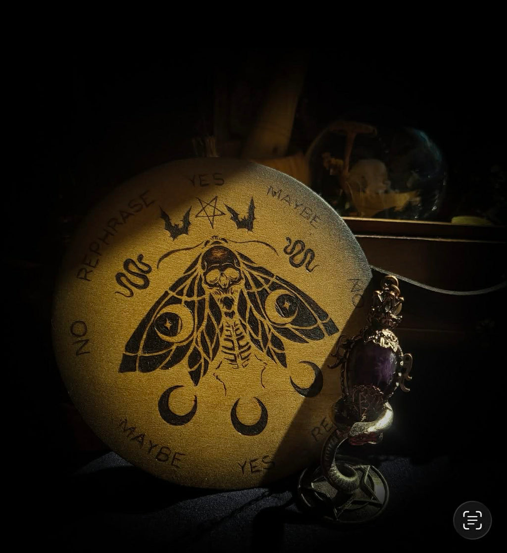Handmade gothic pyrography pendulum board — moth sigil burned into natural wood, divination responses engraved, ritual tool, 16cm