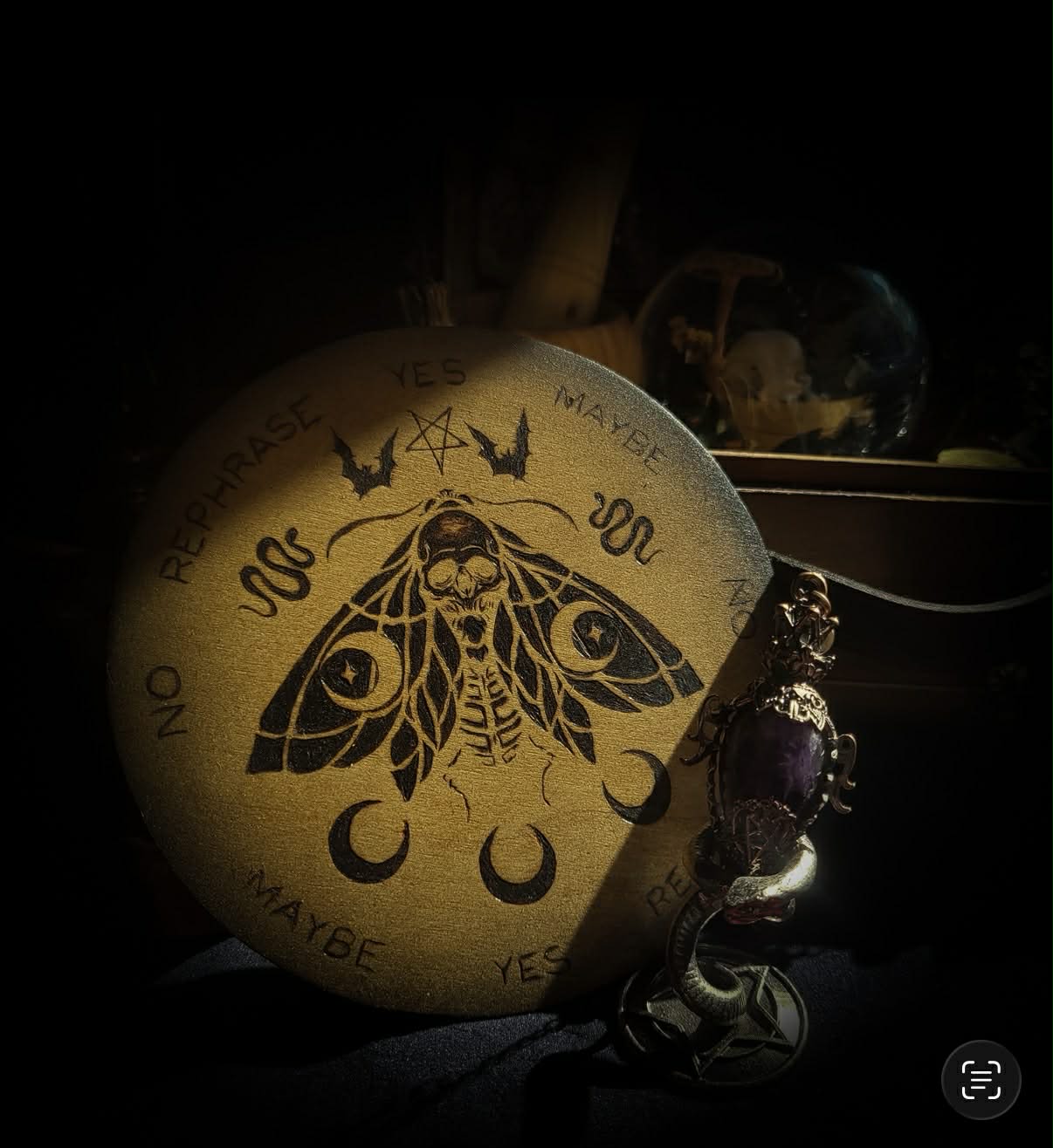 Handmade gothic pyrography pendulum board — moth sigil burned into natural wood, divination responses engraved, ritual tool, 16cm