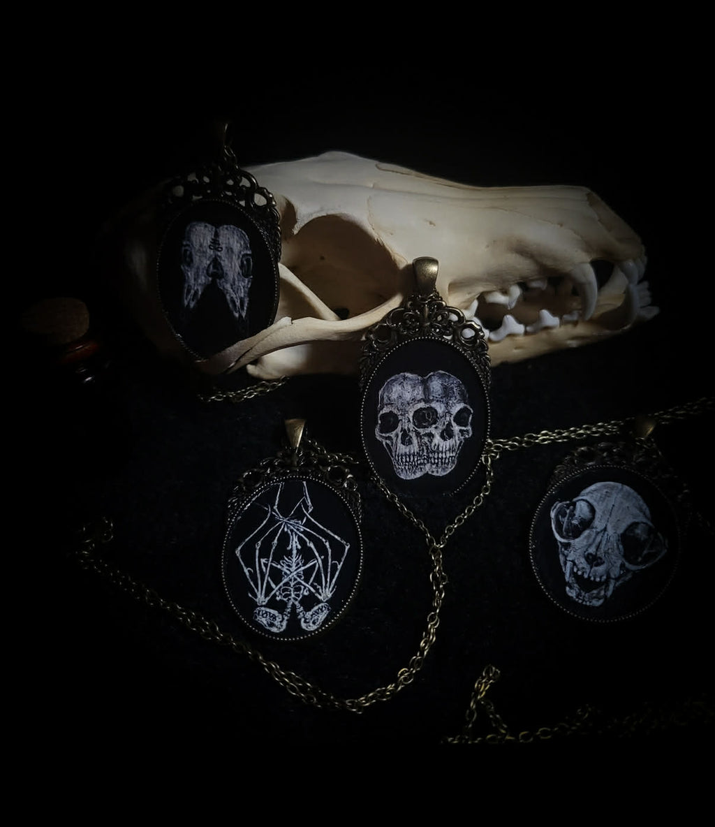 Handmade gothic necklace — hand-painted bat sigil, oval pendant with metal frame and chain, varnish finish