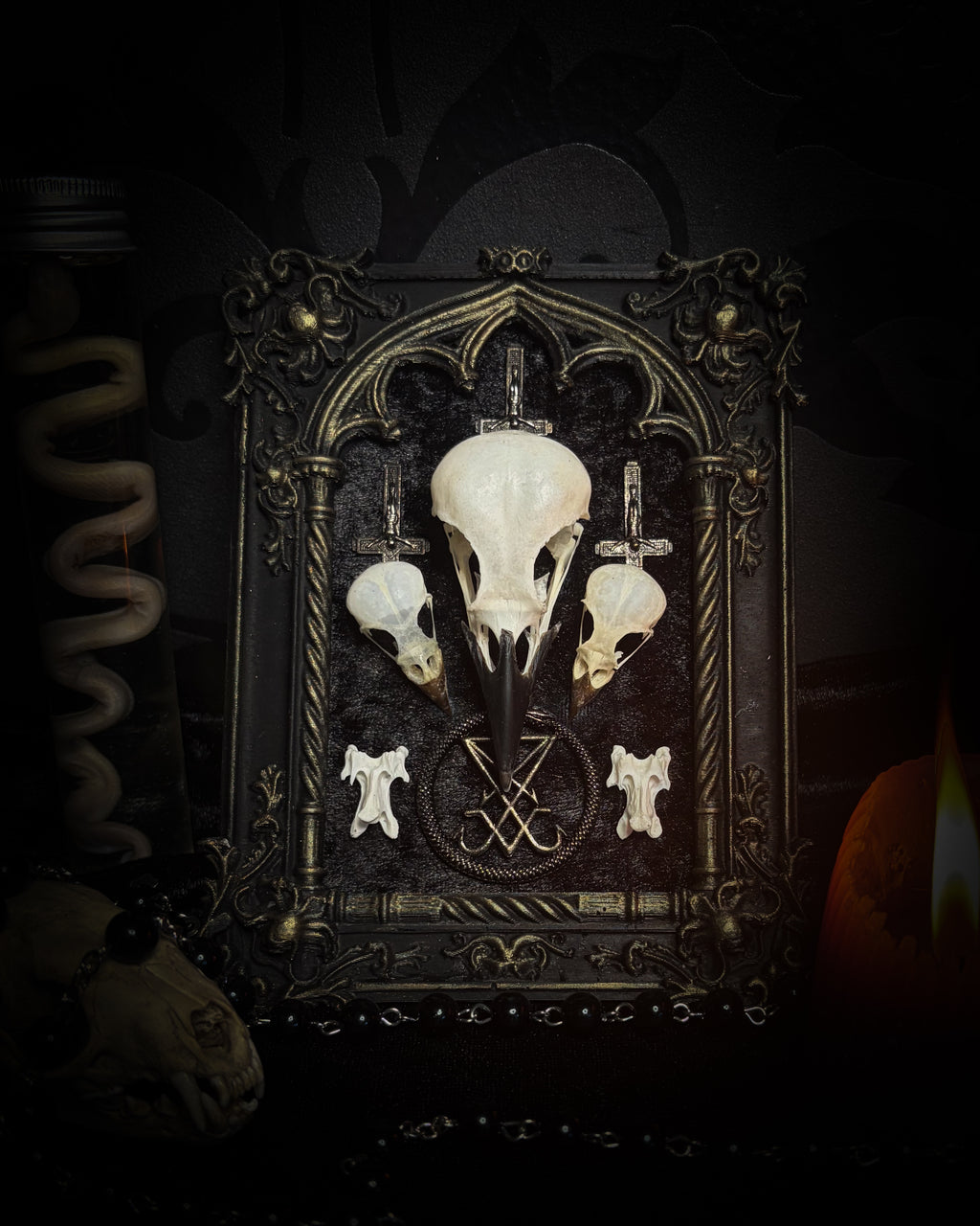 Morning Star — one-of-a-kind handmade gothic tracery frame in matte black and gold, with two bird skulls, a crow skull, the sigil of Lucifer and three inverted crosses on black velvet
