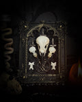 Morning Star — one-of-a-kind handmade gothic tracery frame in matte black and gold, with two bird skulls, a crow skull, the sigil of Lucifer and three inverted crosses on black velvet
