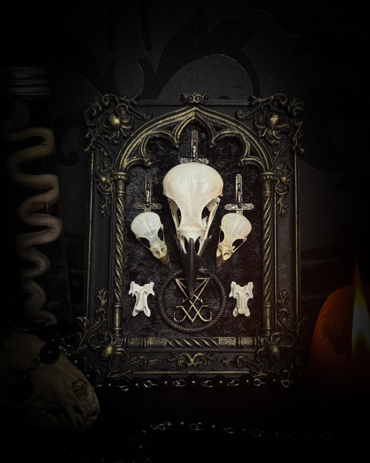 Morning Star — one-of-a-kind handmade gothic tracery frame in matte black and gold, with two bird skulls, a crow skull, the sigil of Lucifer and three inverted crosses on black velvet
