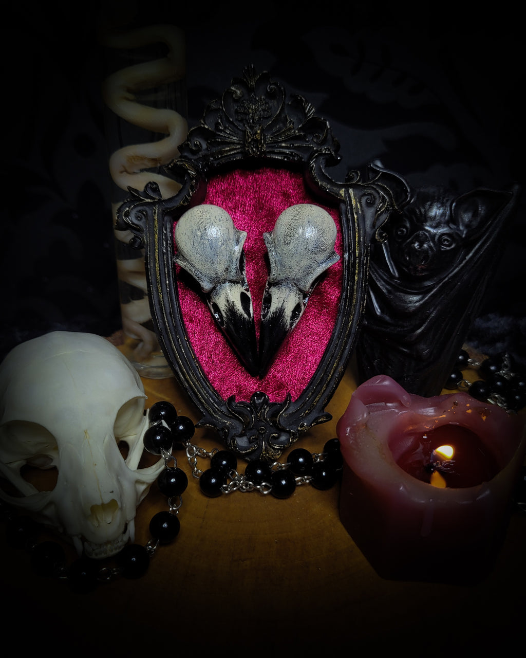 Cor Duo — handmade gothic crow skull shadowbox, heart-shaped composition, baroque frame, velvet background, dark altar decor, made to order, Morbid Oddities
