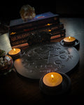 Lunar Candle Holder — handmade gothic candle holder, made to order. Hand-cast pentacle with moon phases, integrated tea light spaces, black hand-painted finish with protective lacquer. Occult altar decor, approx. 24cm diameter.