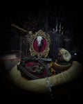 Handmade gothic shadowbox — hand-cast crow skull with Leviathan Sigil on velvet, ornate baroque frame, made to order, 7x11cm