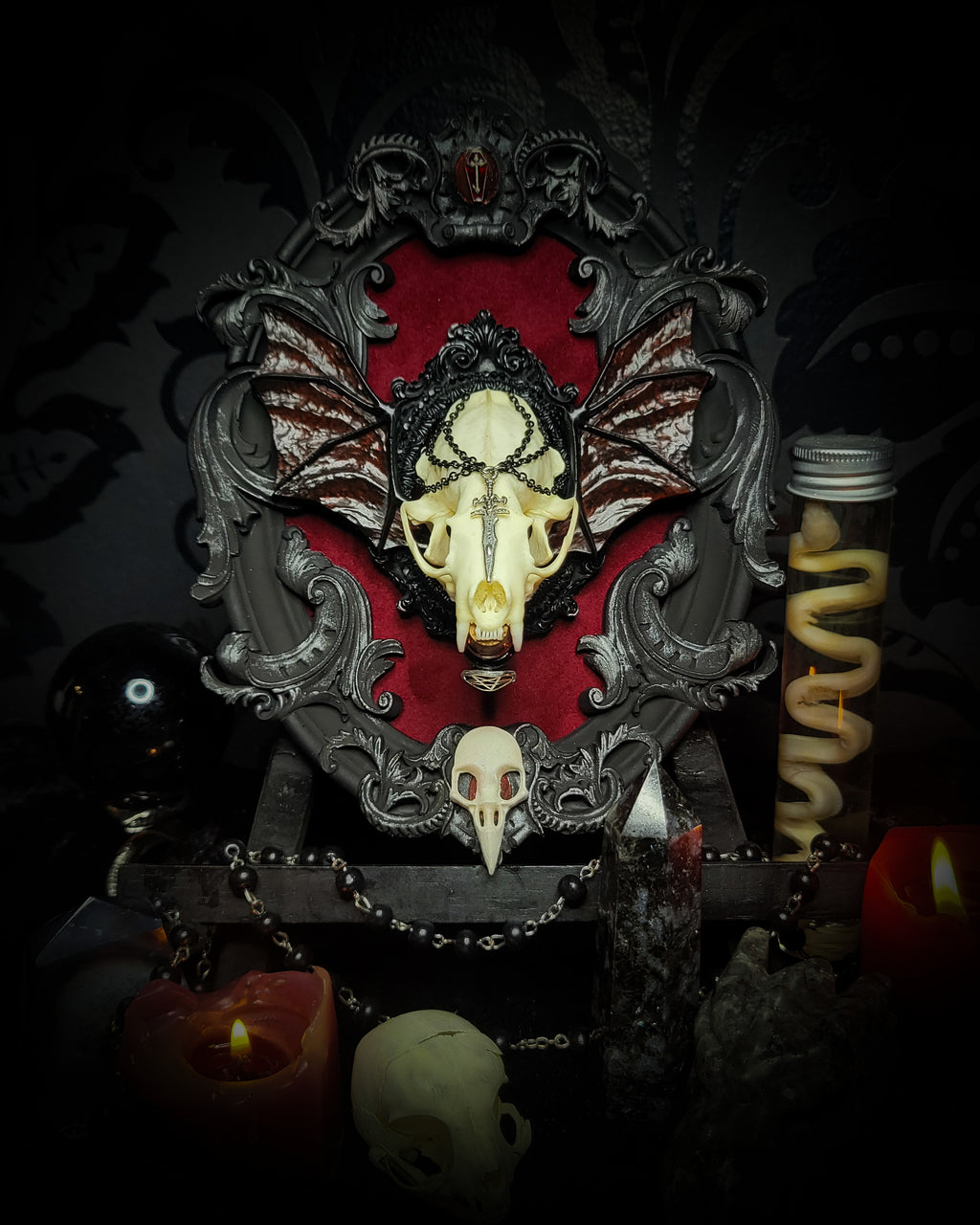 gothic vampire skull wall decor gothic shadowbox with real mink skull hand-cast wings red velvet and chains — handmade dark wall decor